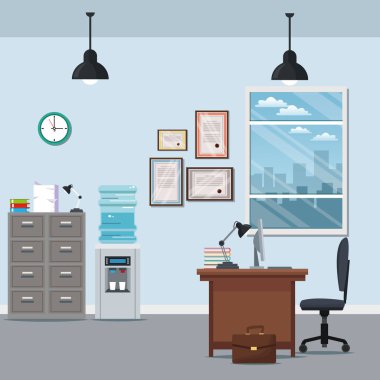 Office çalışma alanı sandalye Resepsiyon kabin su dağıtıcısı sertifika lamba pencere şehir silueti