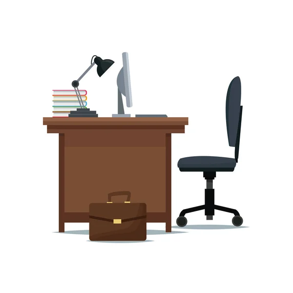 Escritório mesa cadeira computador lâmpada livros mala — Vetor de Stock