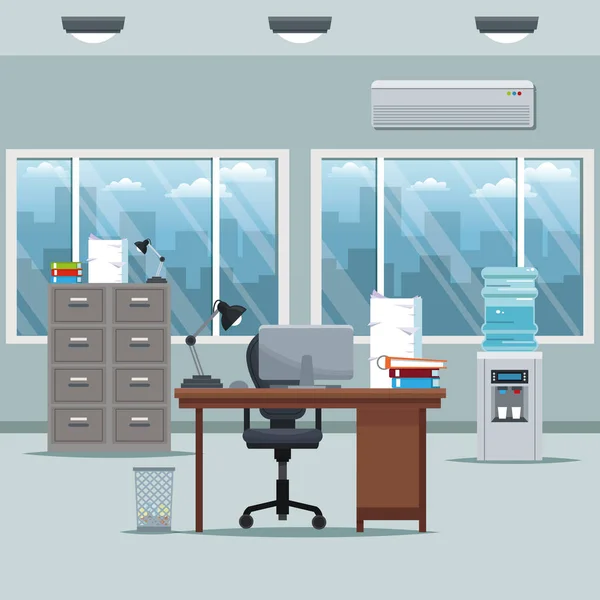 Office werkruimte Bureau fauteuil kabinet documenten koeler water windows — Stockvector