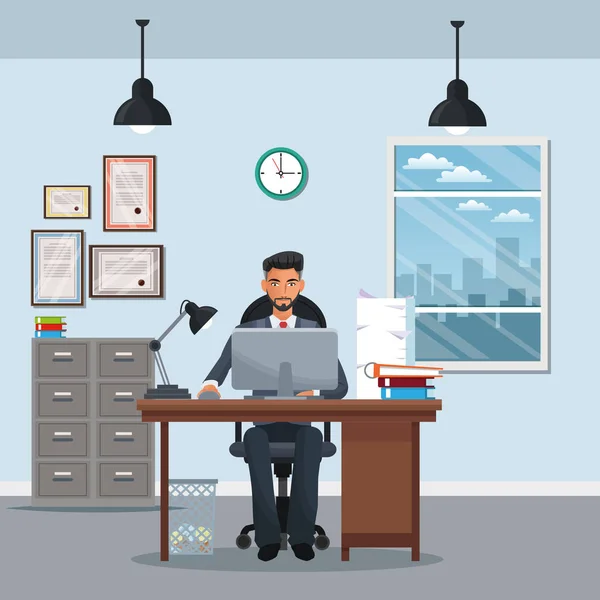 Homme assis bureau classeur bureau ordinateur portable fenêtre horloge — Image vectorielle