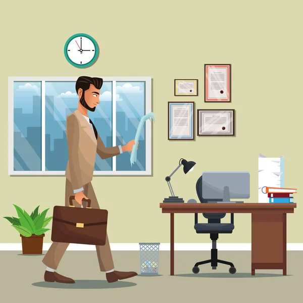 Homme bureau place bureau chaise pot plante diplôme fenêtre horloge — Image vectorielle