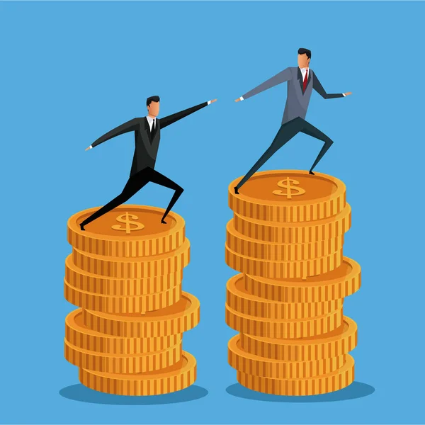 Muži podnikání na hromádku mincí růst spolupráce — Stockový vektor