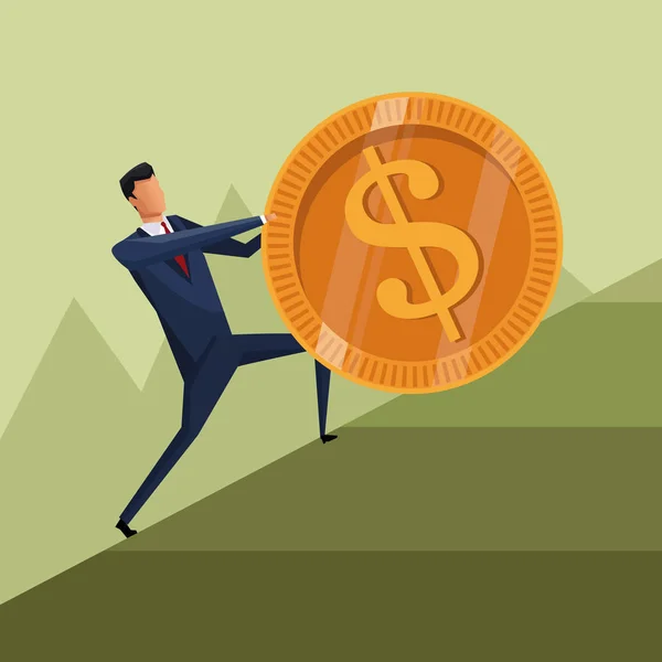 Man business growth coin climb work — Stock Vector