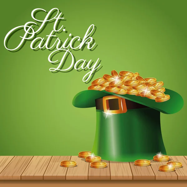 Постер день святого Патріка монети капелюха Лепречуна на дерев'яному зеленому фоні — стоковий вектор