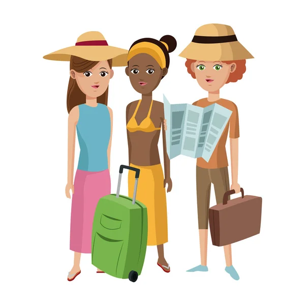 Grupo menina amigos turista viajante — Vetor de Stock