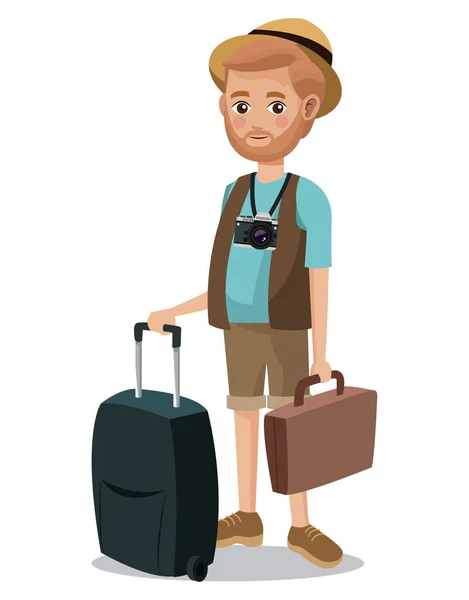 男のひげ観光カメラ ポートフォリオ スーツケースを旅行 — ストックベクタ