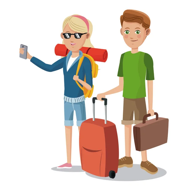 Voyage jeune couple vacances touristiques valise — Image vectorielle