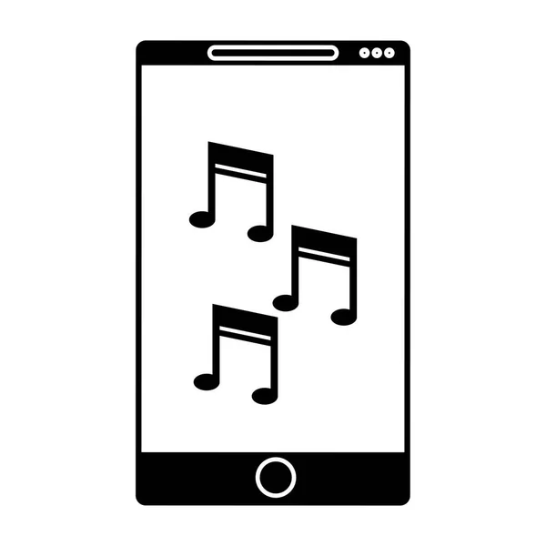 Silueta teléfono inteligente música móvil nota tecnología de comunicación — Vector de stock