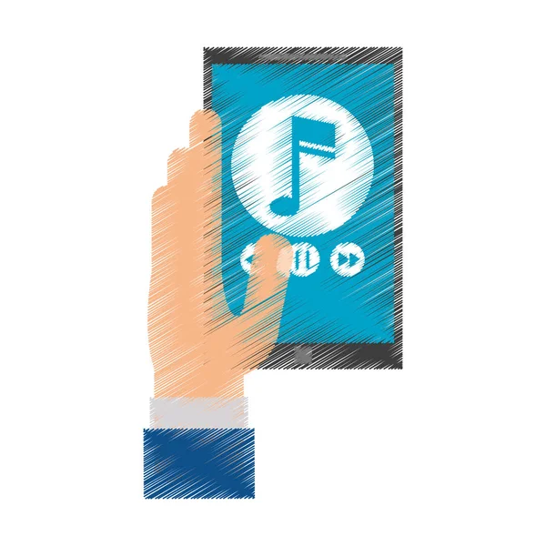 Dessin main tenir smartphone jouer de la musique — Image vectorielle