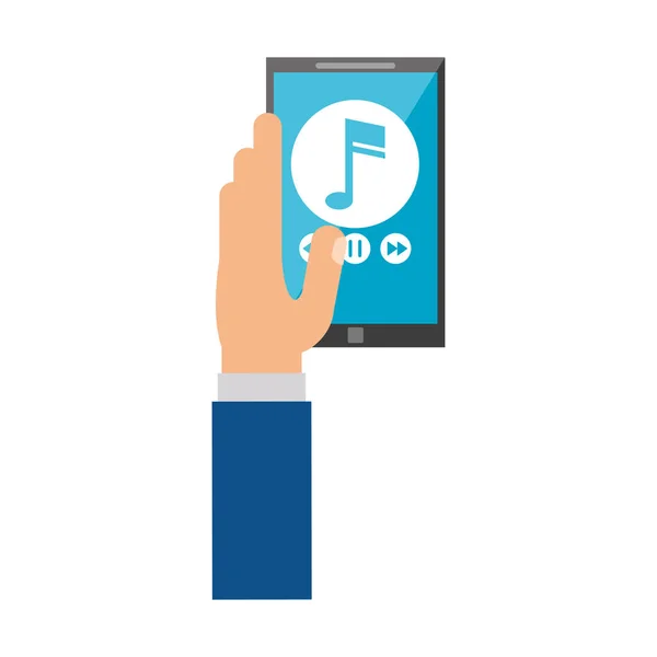Mão segurar smartphone reproduzir música — Vetor de Stock
