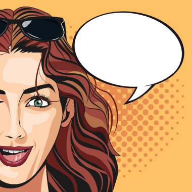 pop art kadın çekici kabarcık konuşma arka plan noktalı
