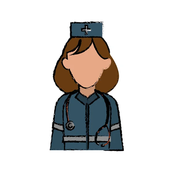 Γελοιογραφία γυναίκα παραϊατρικό βοήθεια επείγοντος φορώντας στολή στηθοσκόπιο — Διανυσματικό Αρχείο
