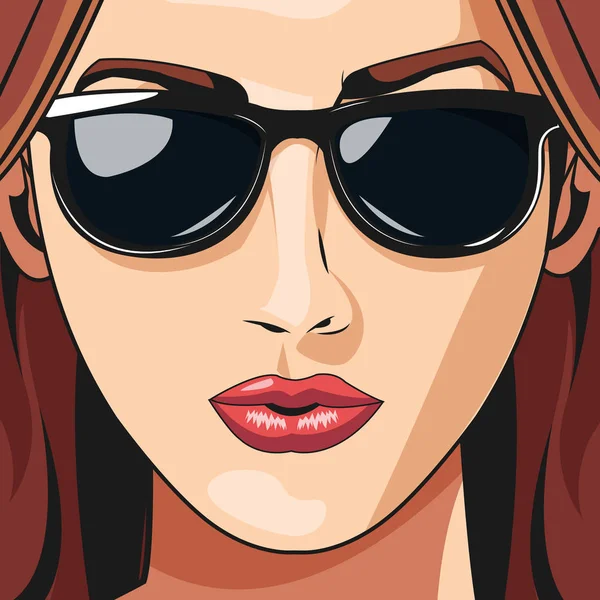 Πορτρέτο κορίτσι γυαλιά ηλίου κόκκινα μαλλιά κραγιόν — Διανυσματικό Αρχείο