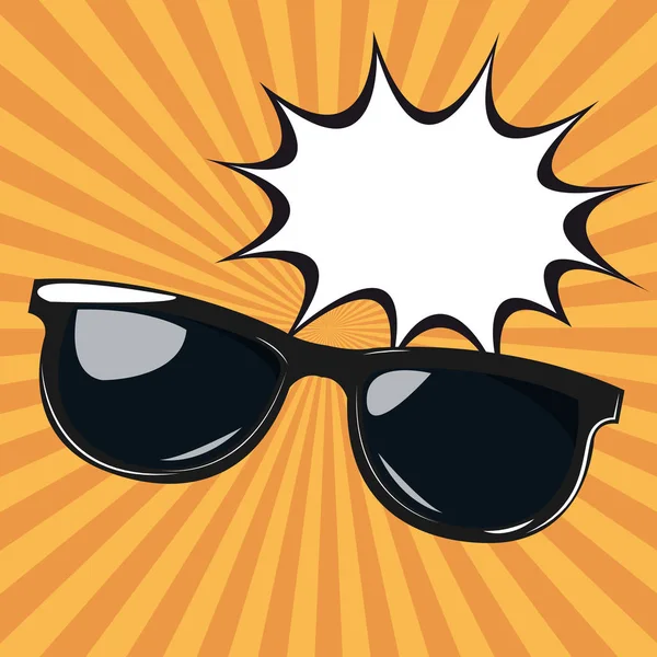 Pop arte óculos de sol com fala bolha listras amarelas fundo — Vetor de Stock