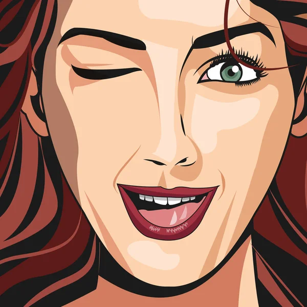 Portrait fille roux clin d'oeil rouge à lèvres — Image vectorielle