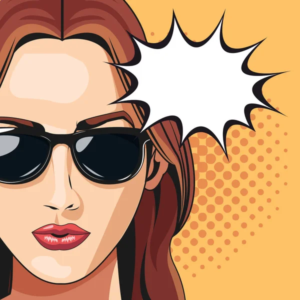 Pop art woman sunglasses bubble speech dotted background — Stock Vector