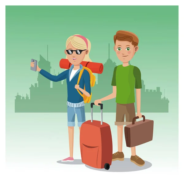 Garçon et fille valise sac à dos smartphone lunettes voyageur fond urbain — Image vectorielle