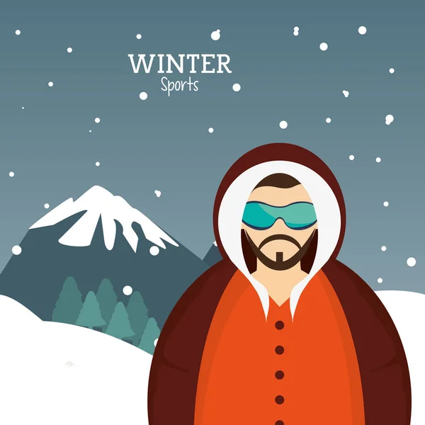 Hombre deporte de invierno con gafas chaqueta y montañas paisaje — Vector de stock