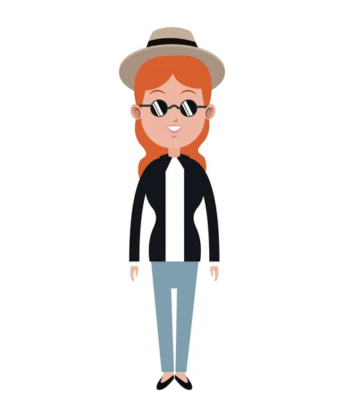 Dessin animé femme cheveux rouge lunettes de soleil chapeau et chemisier noir — Image vectorielle