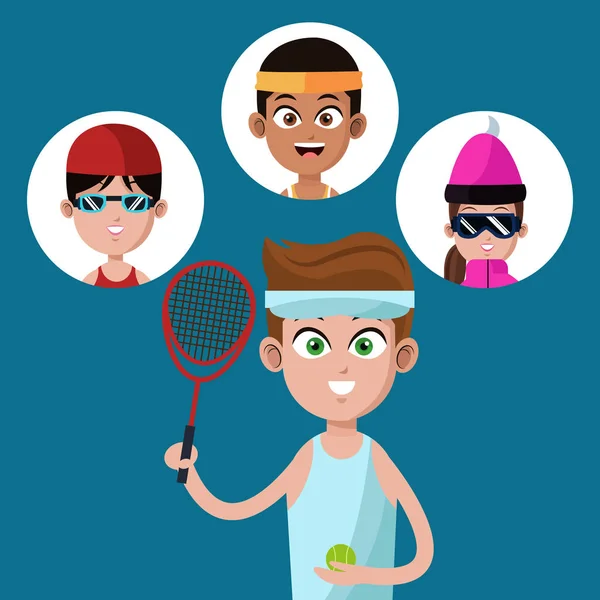 Bonito menino tênis raquete bola-grupo jogadores — Vetor de Stock