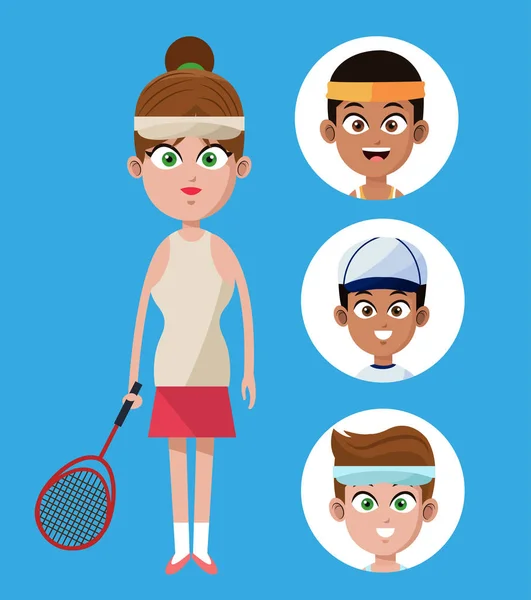 Nettes Damen-Tennis mit Schläger-Gruppenspielerinnen — Stockvektor
