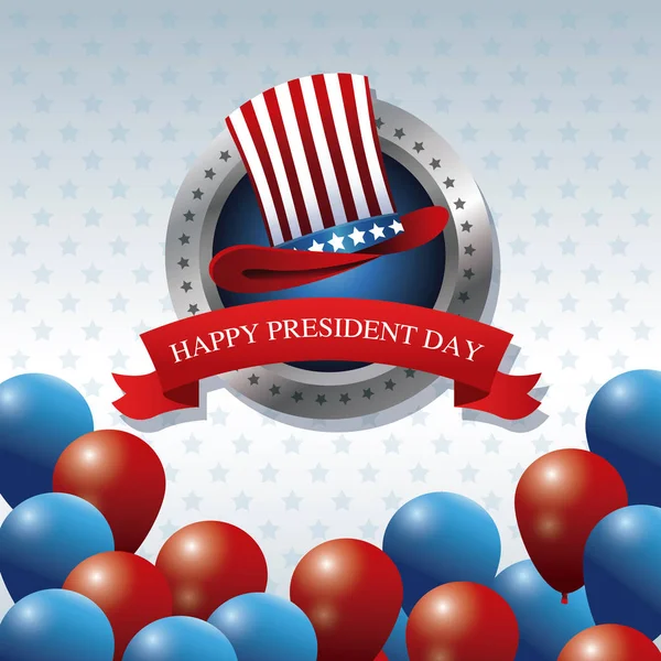 Πρόεδρος ευτυχισμένη ημέρα καπέλο μπαλόνια κορδέλα ετικέτα — Διανυσματικό Αρχείο