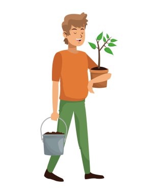 pot bitki ve toprak çömlek taşıyan adam