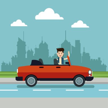 Cabrio araba spor kentsel arka plan ile genç adam