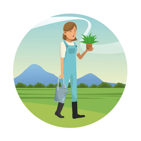 Zahradní oblečení žena s vodou může a hrnkových rostlin zahradnictví — Stockový vektor