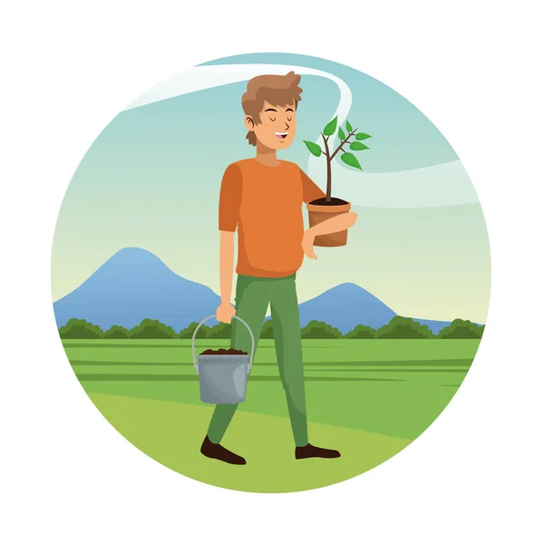 Uomo che porta piante in vaso e terra pot-giardinaggio — Vettoriale Stock