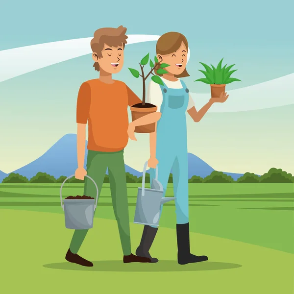 Gardeners couple plant pot water can landscape — Stockvector