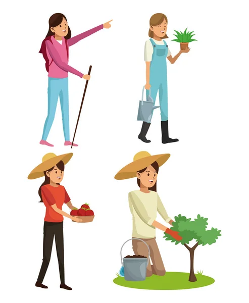 Conjunto de chicas jóvenes jardineros senderismo con árbol de plantas y bastón — Vector de stock