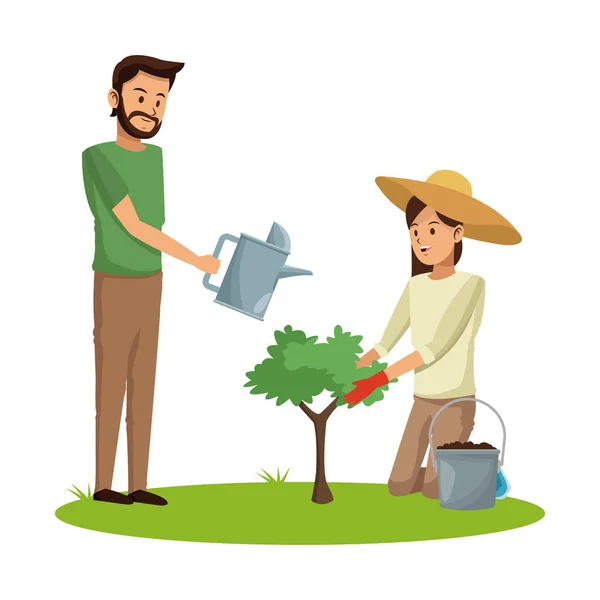 Pareja plantando y regando tierra de maceta de árbol — Vector de stock