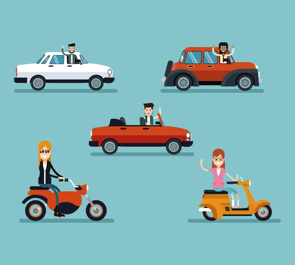 Group people driving cars and motorcycle — Stock Vector