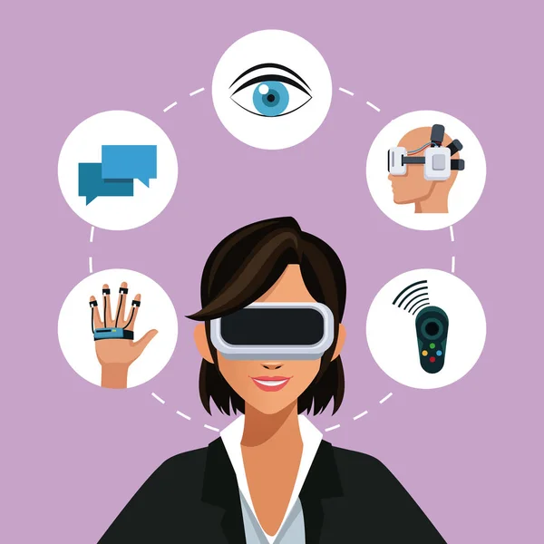 Mulher virtual realidade óculos conexão wearable inteligente — Vetor de Stock