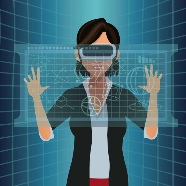 Mulher com óculos vr toque diagrama digital —  Vetores de Stock