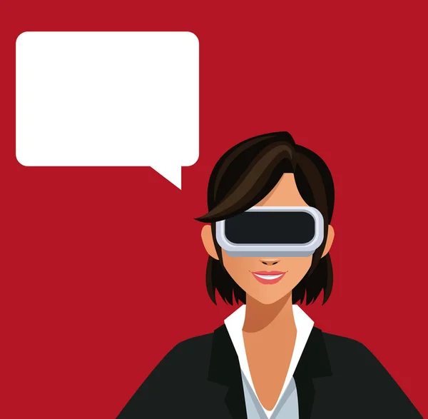 Mulher inteligente usuário vr óculos com bolha discurso vermelho fundo — Vetor de Stock