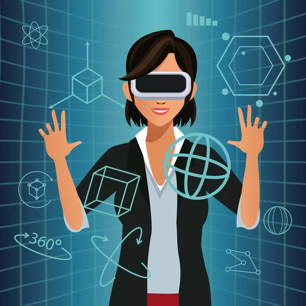 Mulher toque óculos de realidade virtual interface futurista — Vetor de Stock