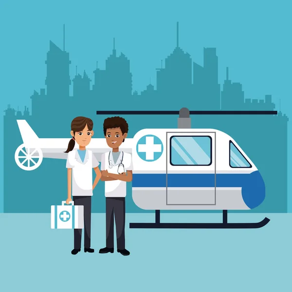 Personal médico con helicóptero de emergencia — Vector de stock