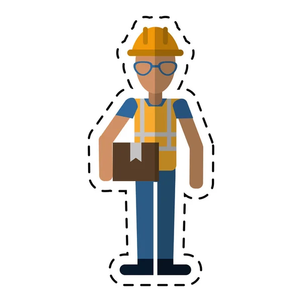 Construction man glasses cardboard box-dot line — Stock Vector