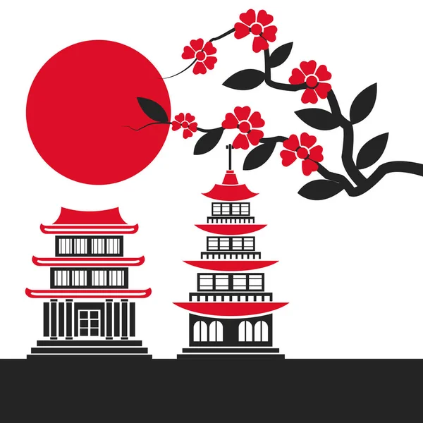 Budova chrámu Japonsko mezník slunce sakura plakát — Stockový vektor