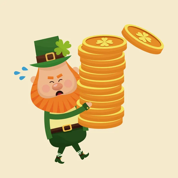 Leprechaun portando pile monete d'oro — Vettoriale Stock