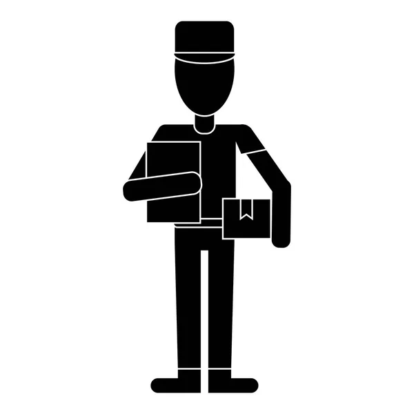 Homem da entrega com caixa da tampa e pictograma da prancheta — Vetor de Stock