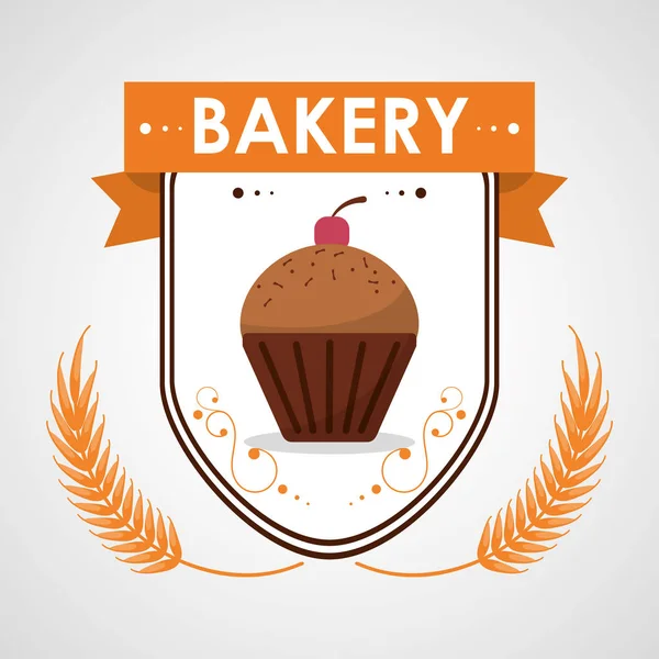 Cupcake Bäckerei cremig lecker Kirschabzeichen — Stockvektor