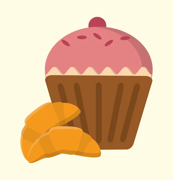 Cupcake ciliegia e croissant panetteria e dessert — Vettoriale Stock