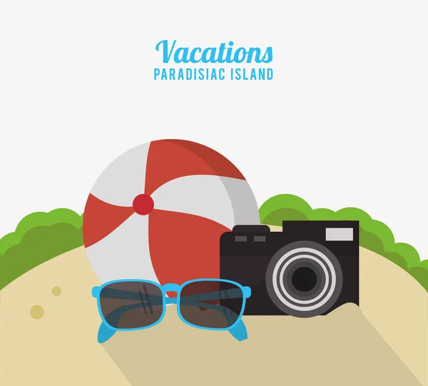 Відпочинок райський острів пляж м'яч фотоапарат сонцезахисні окуляри — стоковий вектор
