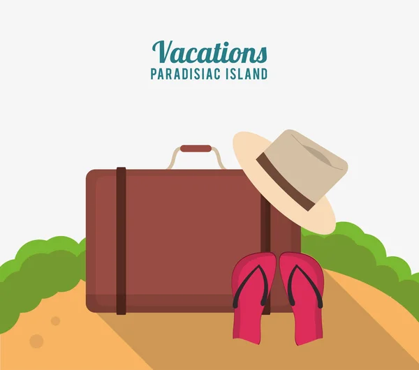 Відпочинок райський острів з валізою капелюх фліп пісок — стоковий вектор