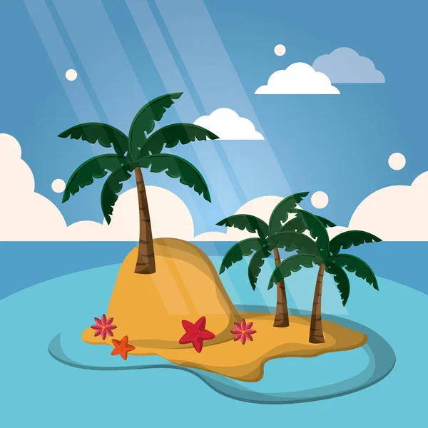 Île tropicale palmier soleil étoile de mer fleur paysage — Image vectorielle