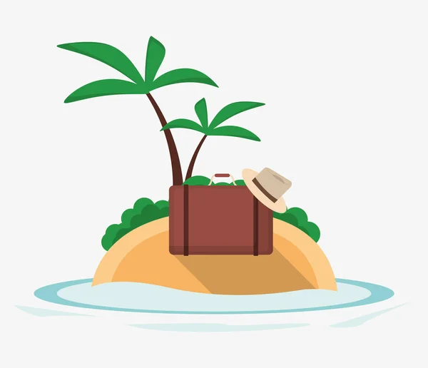 Semester ön resväska hatt palm tree öken ocean — Stock vektor