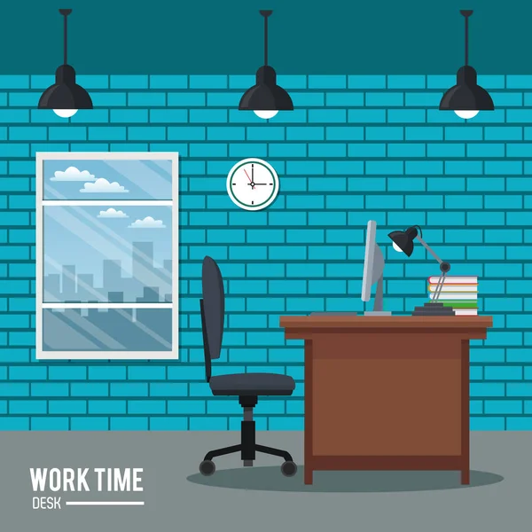 Tempo de trabalho secretária relógio cadeira laptop janela parede de tijolo —  Vetores de Stock
